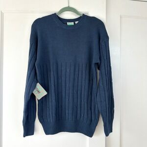 Vintage GITANO Mens Cable Knit Crew Neck Sweater M Navy Blue Ramie Cotton‎ Blend